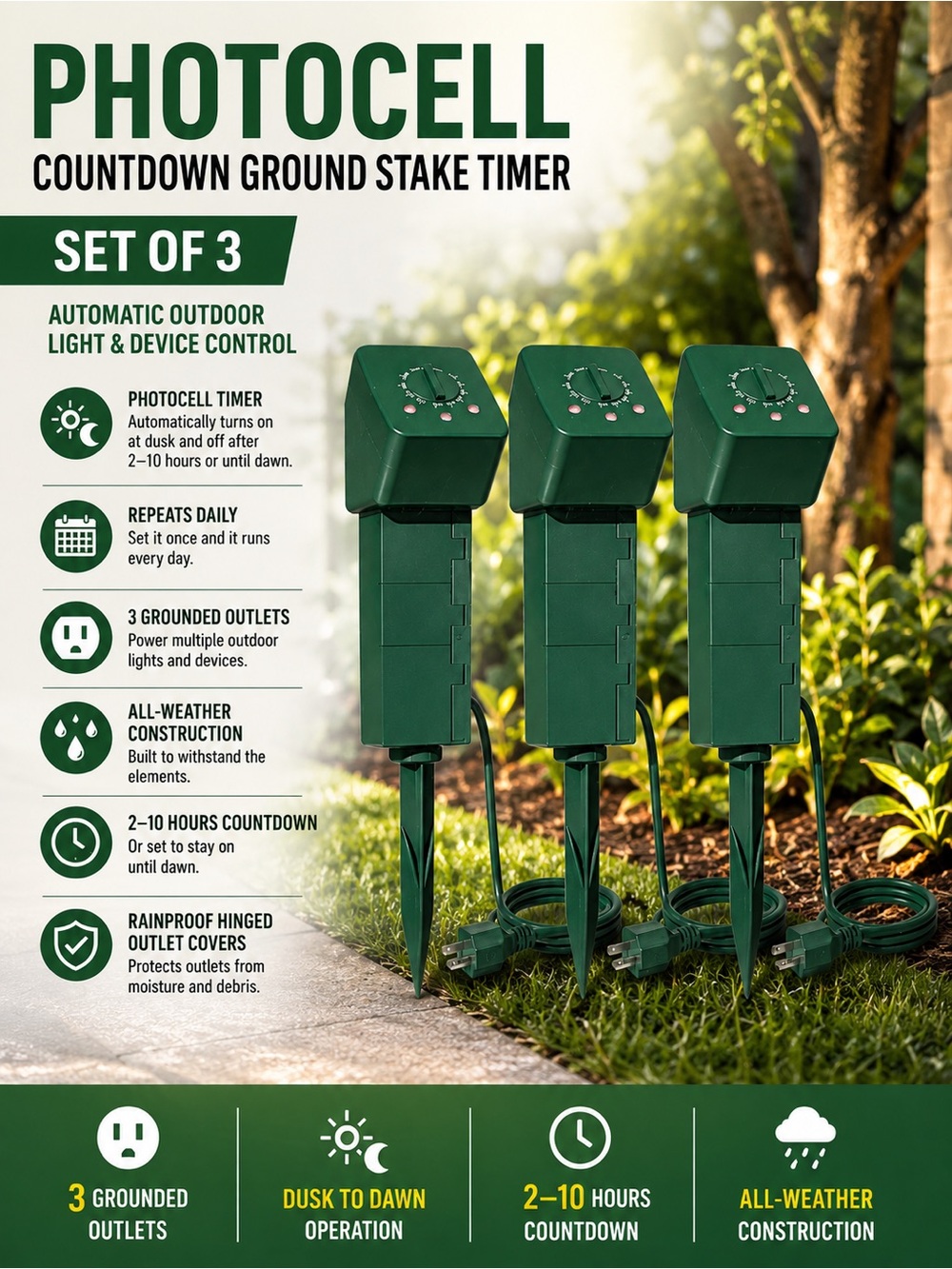 Westinghouse Photocell Countdown Ground Stake Timers Set of 3 Outdoor 3-Outlet